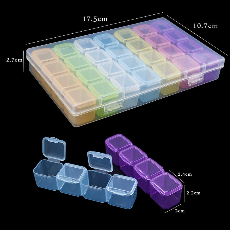 Caja de almacenamiento de plástico para joyería, contenedor rectangular de 28 ranuras, 17,5x10,7x2,7 CM, cuentas de diamantes de imitación, píldoras, pendientes: 3