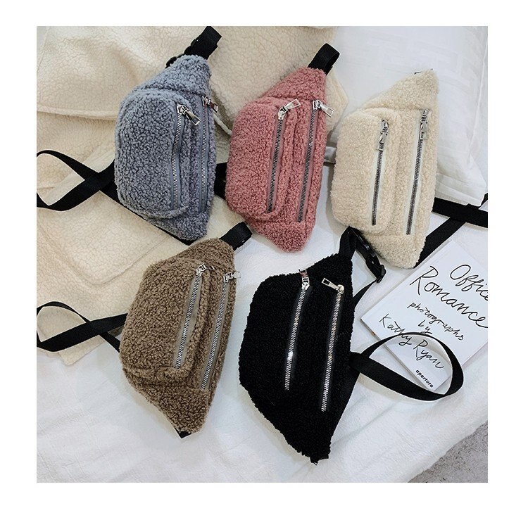 Plush Women Waist Bag Winter Fanny Pack Phone Pouch Casual Double Zipper Belt Bag Crossbody Shoulder Chest Pack