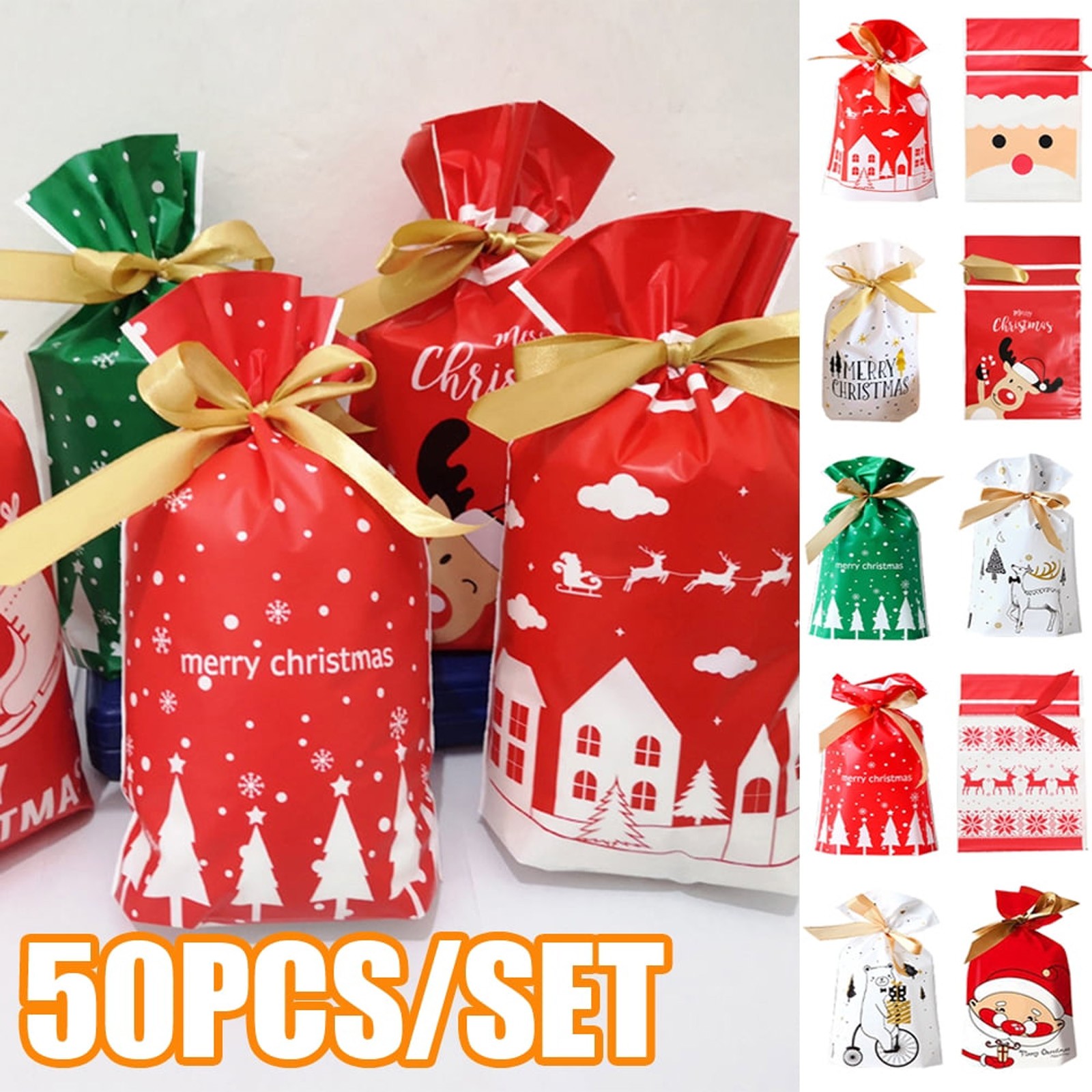 50pcs Christmas Candy Bags Xmas Decorations Santa Bag Navidad Xmas Bags Cristmas Cookies Packing Bag 15x23.5cm