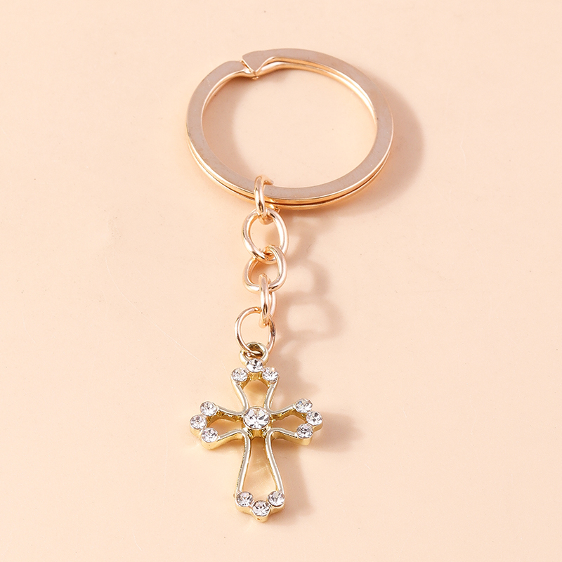 Porte-clés religieux croix en cristal biscuits pour femmes et filles, porte-clés, porte-clés, breloques de sac à main, bijoux à bricoler soi-même, , luxe: Lumière Rose