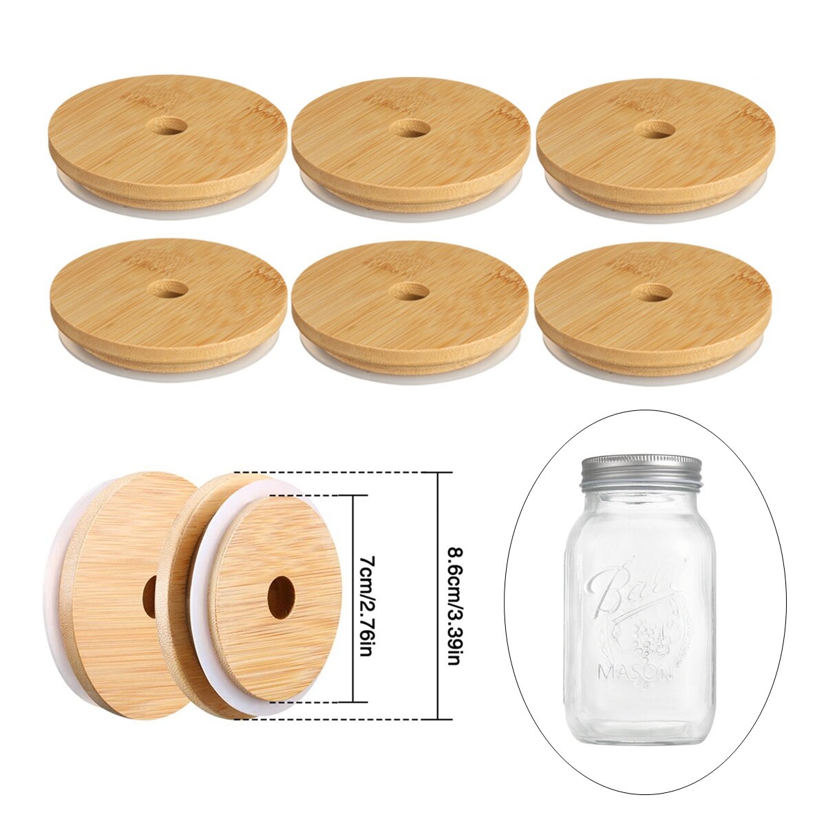 8Pcs 62/68/70/86mm Bamboo Lids for Mason Jars Wooden Jar Lids Reusable Bamboo Caps Lids with Hole for Coke Cup Drinking Glasses: 86cm Lids with hole