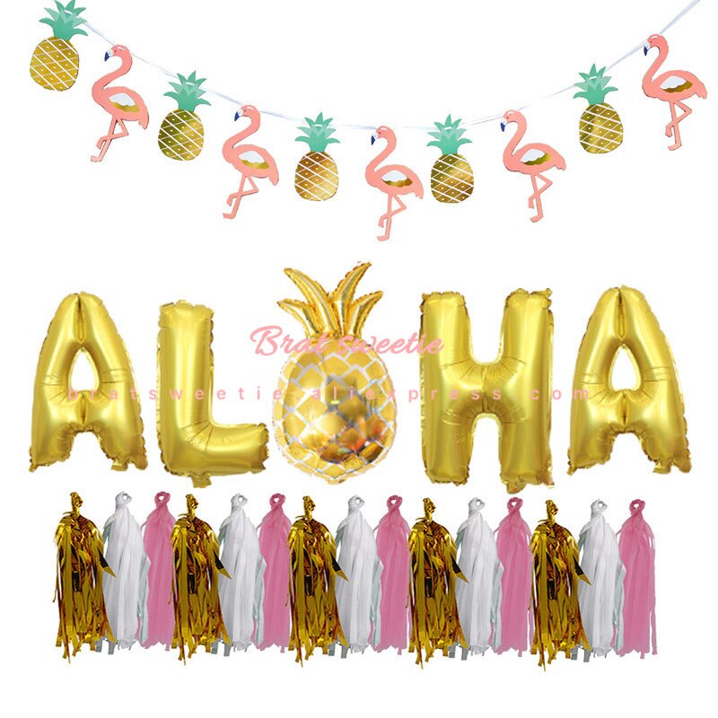 Hawaii fest aloha hawaiianskt halsband klänning bord kjol leis krans flamingo flickor födelsedagsfest dekorationer tillbehör: Aloha ballonguppsättning