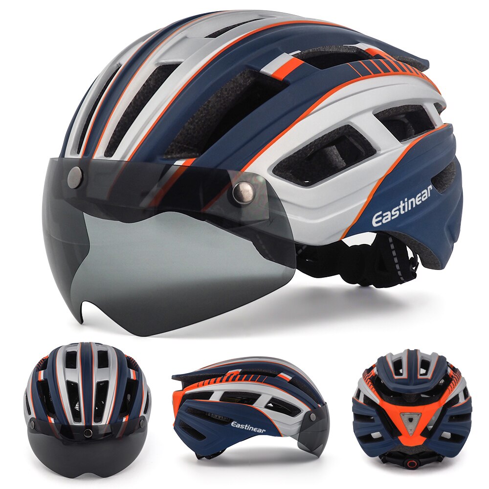 Fahrrad Helm Erwachsene Männer Frauen mit Magnetische Brille Sonnenblende Fahrrad Helm mit Hinten Led Licht Einstellbar für Rennrad radfahren: HT22-BlueSilver