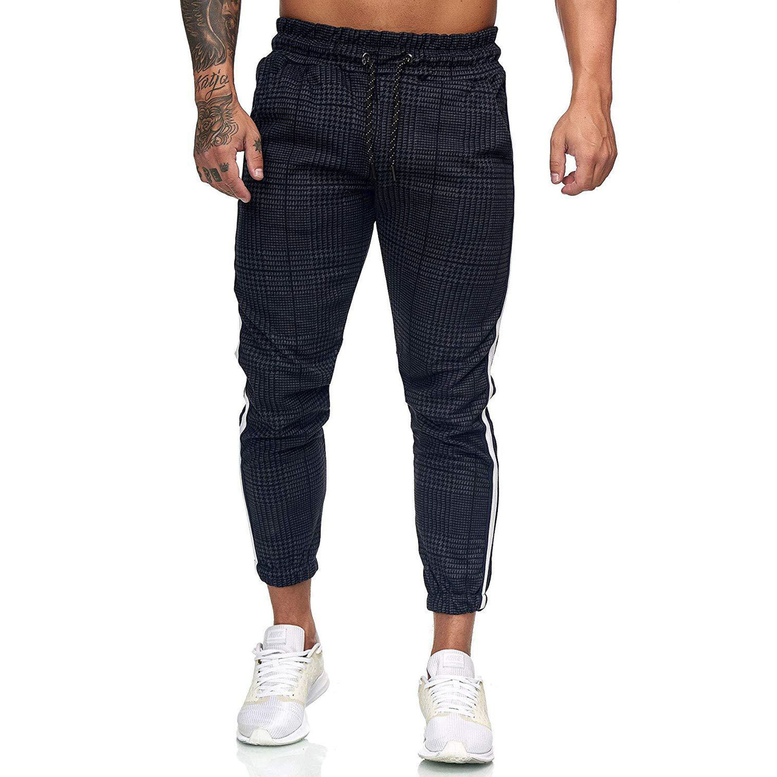 Pantalones deportivos con estampado a cuadros para hombre, pantalón largo de cintura media con cordón y bolsillos, para primavera y otoño: XXL / D