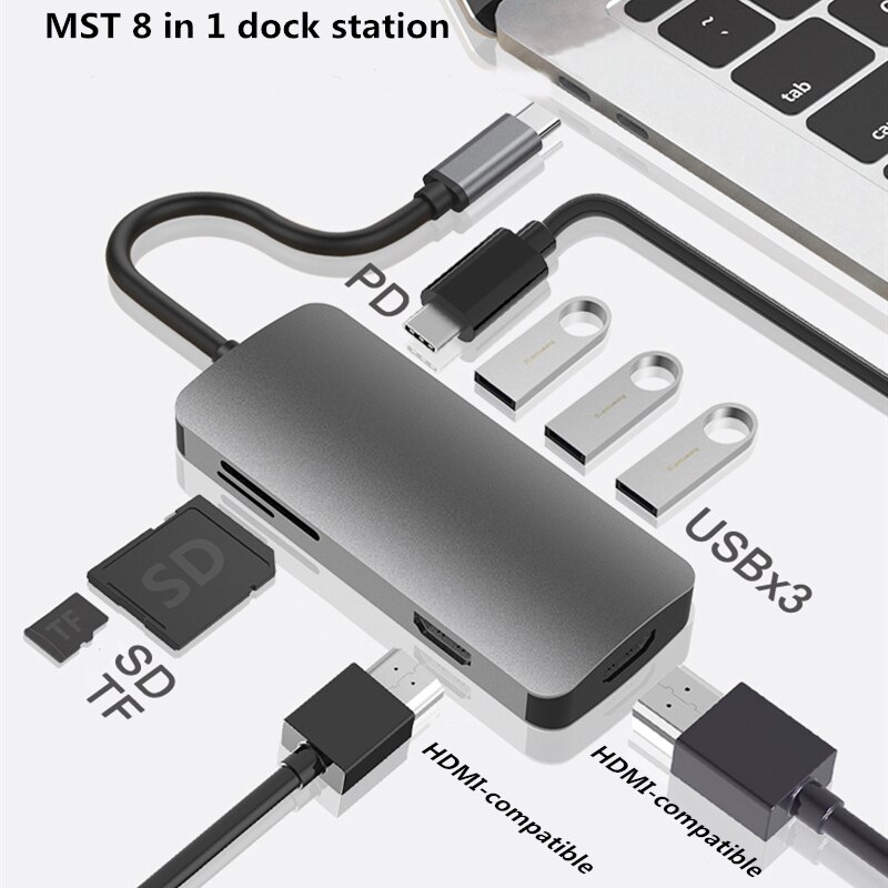 Usb type c hub til hdmi-kompatibel mst 4k vga usb c hub dokkingstasjon  rj45 lan ethernet sd tf til macbook usb hub adapter: 8 i 1