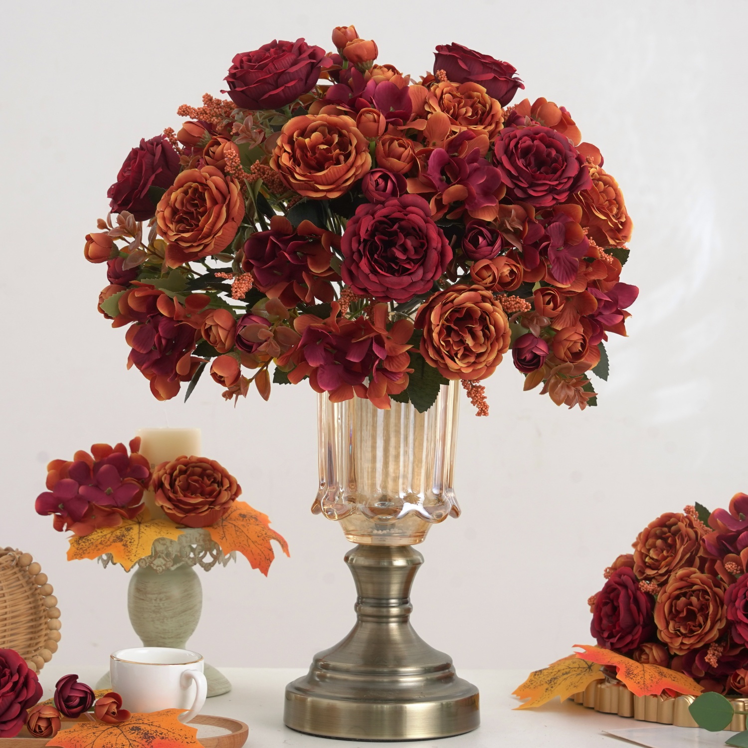 1/5 PCS Vibrant Autumn Artificial Peony & Hydrangea Bouquet | Fall Floral Arrangements for Wedding, Home, Room Party Decor