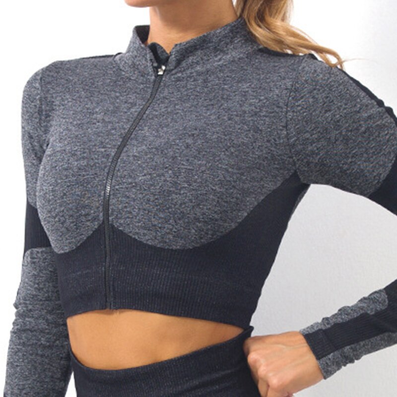 Womens Lange Mouwen Sport Tops Vrouw Gym Crop Top Vrouwelijke Sport Top Fitness Vrouwen Naadloze Workout Top Jas Actieve yoga Wear: Black / S