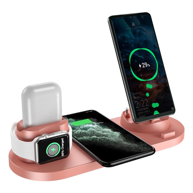 6 in 1 Wireless Charger For Apple Watch 6 5 4 3 iPhone 12 11 X XS XR 8 Airpods Pro Samsung Xiaomi 10W Qi Fast Charging Stand: WS5-(pink)