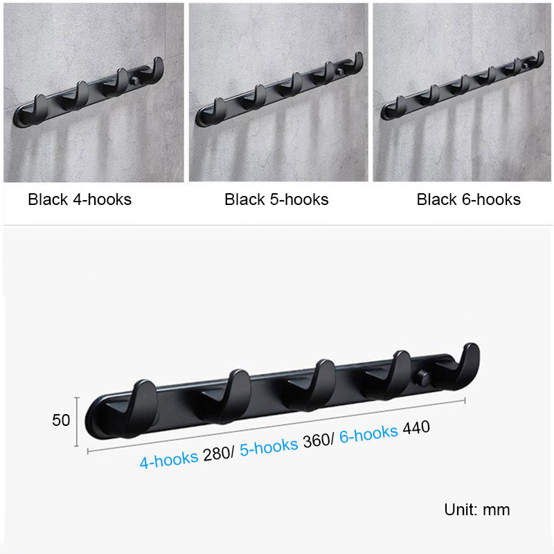 Matt svart väggmonterat klädhängare med 4/5/6 krokar, klädkrok i rostfritt stål, handduksställ krok badrum sovrum kök