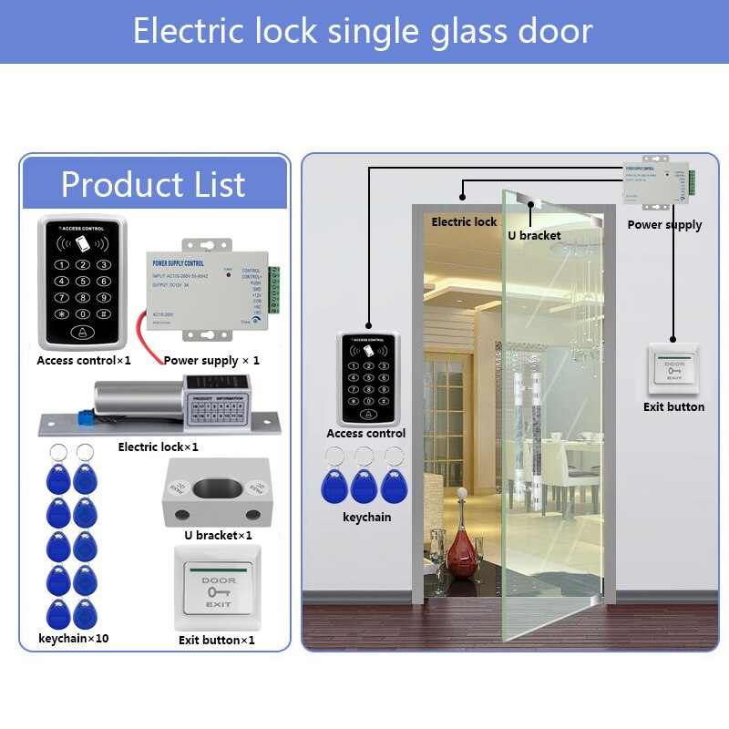 Door Access Control System Kit RFID Access Control Keypad + Power Supply + Electric Magnetic Lock Bolt Strike Locks + 10pcs Keys: Kit2