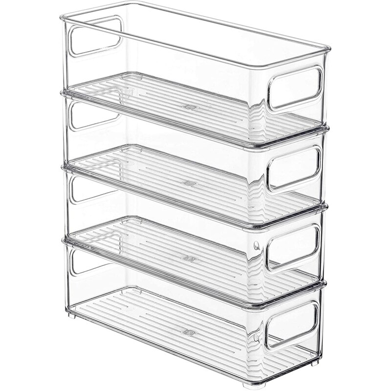 Refrigerator Organizer Bins, Clear Stackable Plastic Food Storage Rack with Handles for Pantry, Kitchen: White