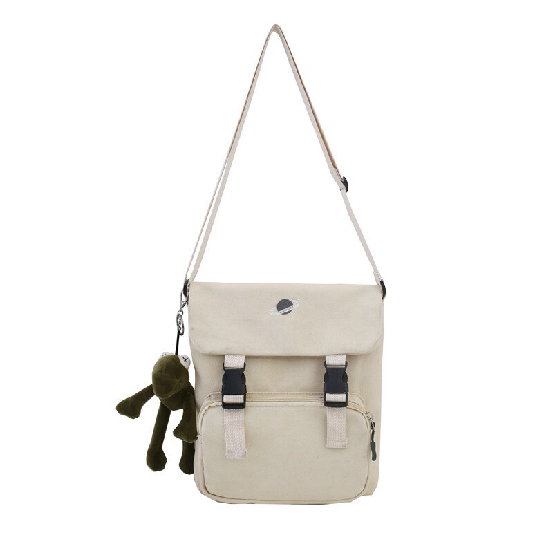 Japanischen stil Südkorea Schulter Tasche Frauen Vielseitige eins Studenten Harajuku Planeten Leinwand Tasche schick lässig Schulter B: Weiß Band Anhänger