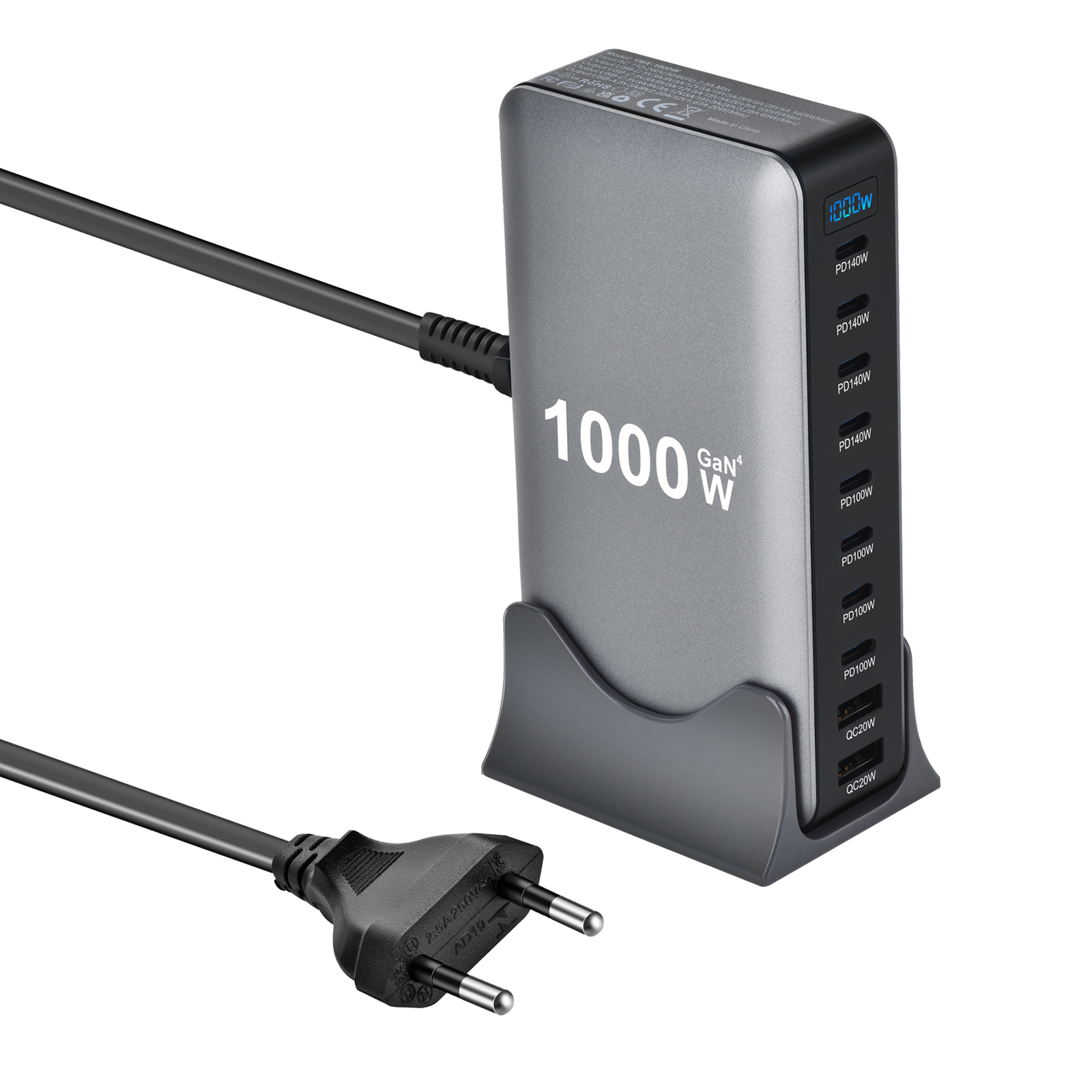 1000W GaN Fast Charger PD3.1 USB Type C 10-Port DesktopFast Charging Station Adapter for Mobile & Tablets: Dark Grey