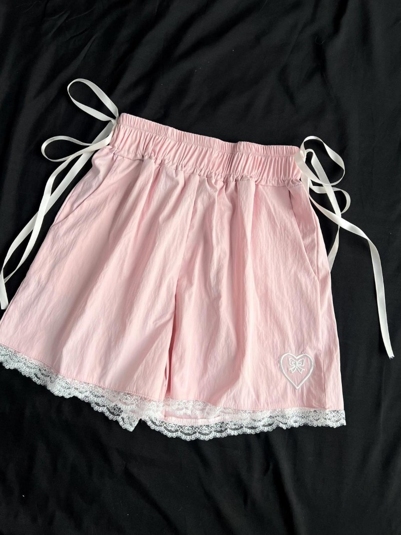 Højtaljede shorts i japansk stil med blonder, ruched patchwork,  y2k vide ben til kvinder, bandage, sløjfe, sommer, knælange, hotsweet, korte bukser