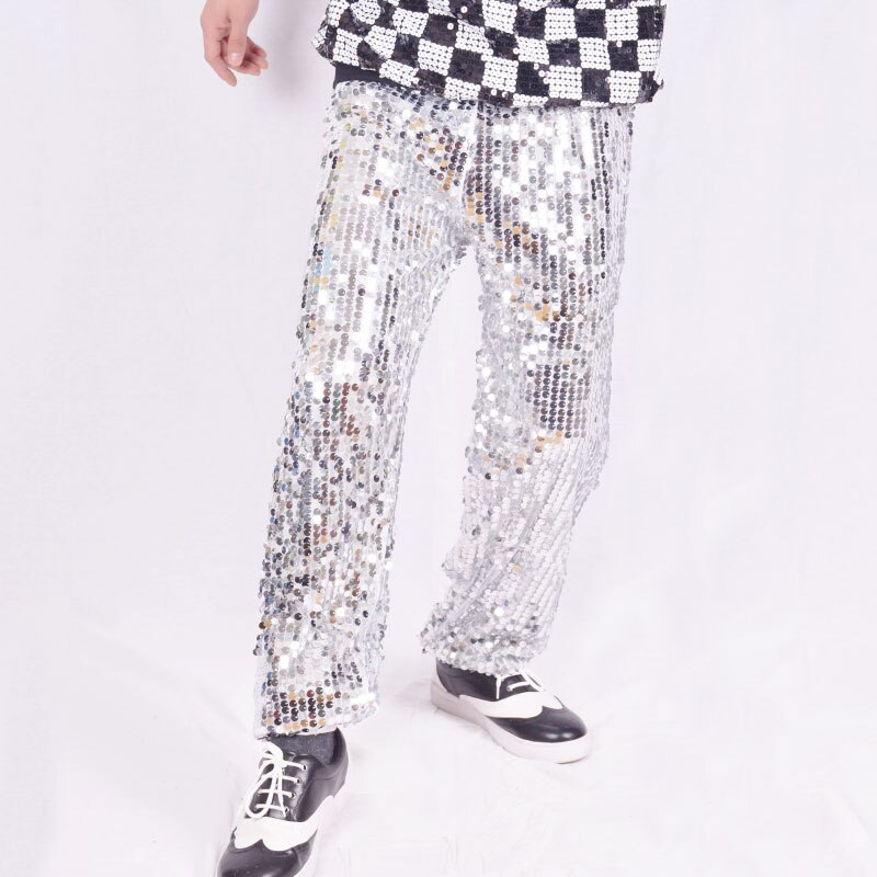 Hip Hop Costumes Men Silver Sequin Pants Street Dance Trousers Male Jazz Performance Cloting Modern Rave Stage Outfit DN5051: Silver
