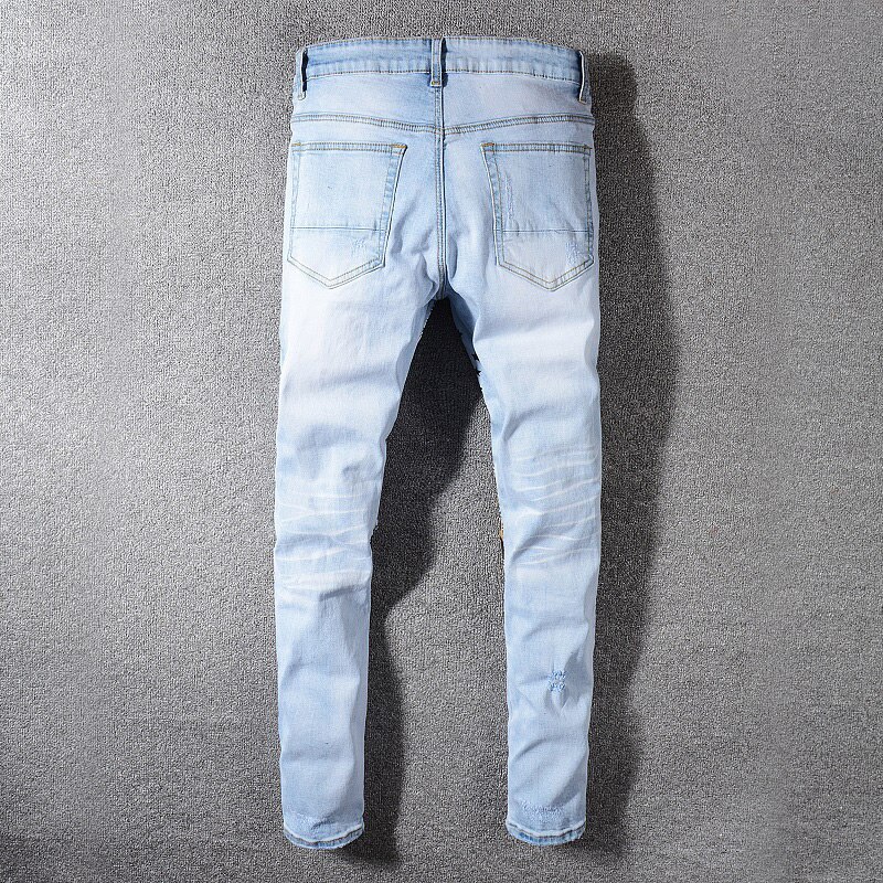 Streetwear Men Jeans Light Blue Slim Fit Patch Elastic Ripped Jeans Men Denim Printed Pants Hip Hop Jeans Homme