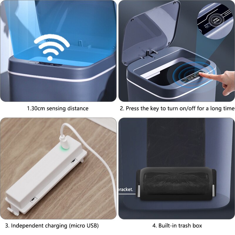 Smart Trash Can Automatic Induction Trash Can with Lid USB Charging Trash Can Bin 12/16L with LED Lights Home Smart Garbage Bin