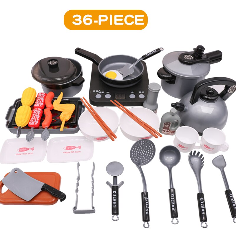 Bambini In Miniatura Cucina Giocattolo Set Giochi Di Imitazione Simulazione Cibo Pentolame E Utensili Per Cucinare Pentola Padella di Cottura Utensili della Casa del Gioco Giocattolo Per Bambini Regalo: 36PCS Grey