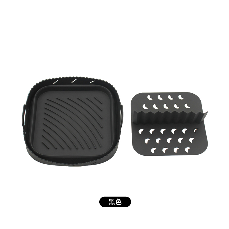 Luchtfriteuse siliconen voeringen voor luchtfriteuse 8,5'' vierkante luchtfriteuse siliconen mand met olieafvoerverdeler, hittebestendig: Black