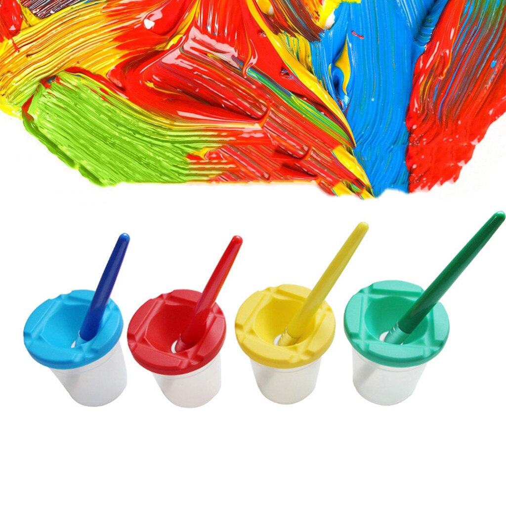 Spill Proof Paint Cups 4pcs Non Spill Paint Cup + 4pcs Paint Bristle Brush Assor