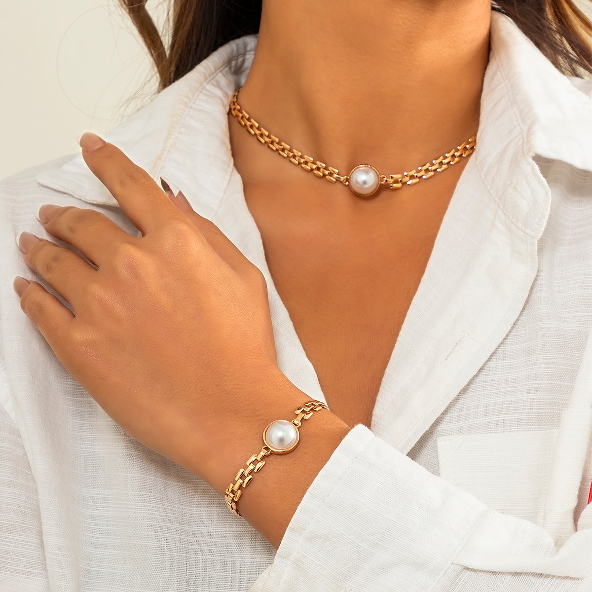 Lacteo Vintage sztuczna perła geometryczna Choker naszyjnik dla kobiet modny złoty kolor metalowy cienki łańcuszek do obojczyka naszyjnik prezent