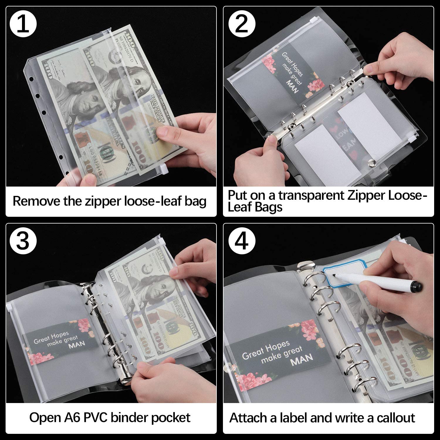 Aasjbofa A6 A7 Size Clear PVC Binder Pockets 6-Ring Loose-Leaf Planner Notebook Refills Storage Bag with Clear Soft Binder Cover