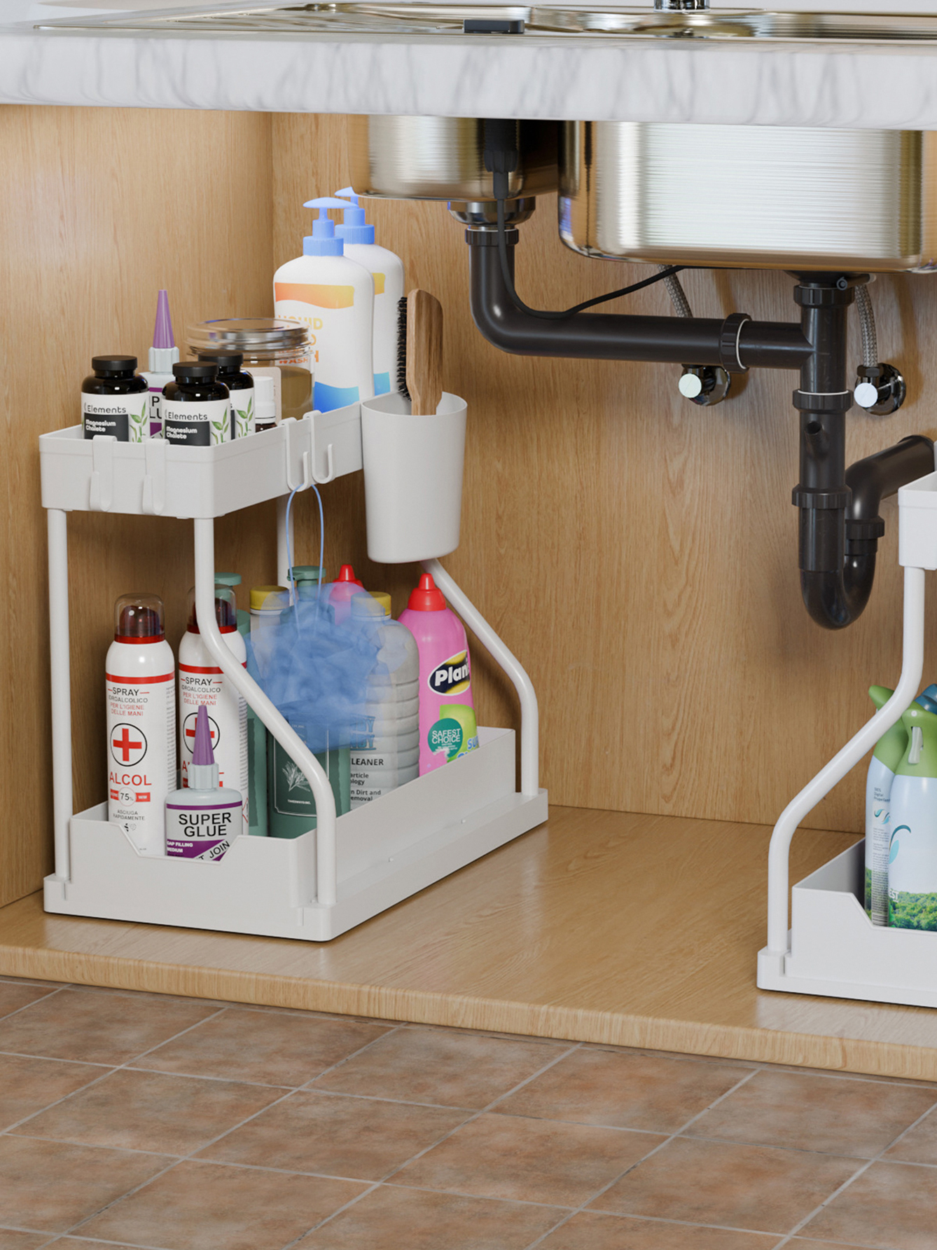 2 Tier Pull Out Organizer Under Sink for Kitchen Spices Bathroom Cosmetics Living Room Table Storage Cabinet: WHITE