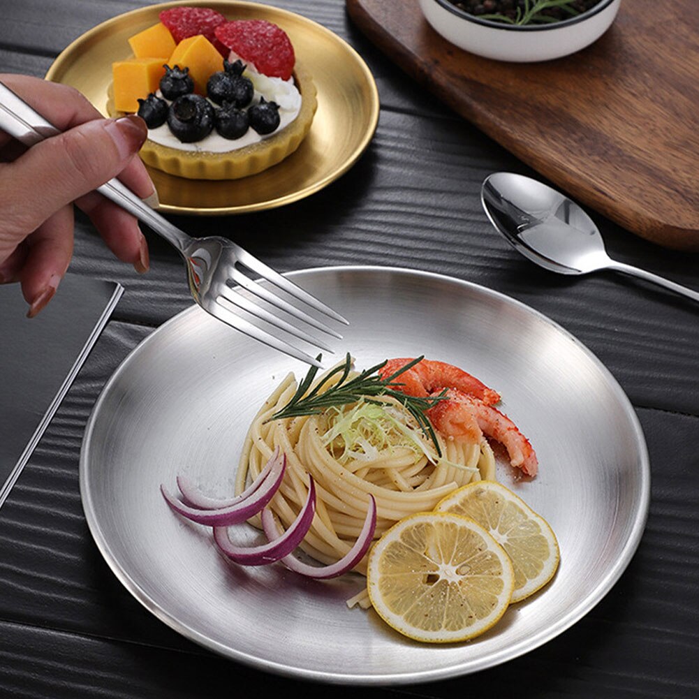 Assiette à manger en acier inoxydable, plats dorés plateau rond gâteau plateau de maquillage Steak occidental articles de table Style européen outils de cuisine