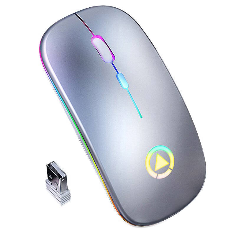 Draadloze usb-muis, rgb-computermuis, stille pc-oplaadbare ergonomische muis met led-achtergrondverlichting, optische usb-muis voor pc en laptop.: Grijs