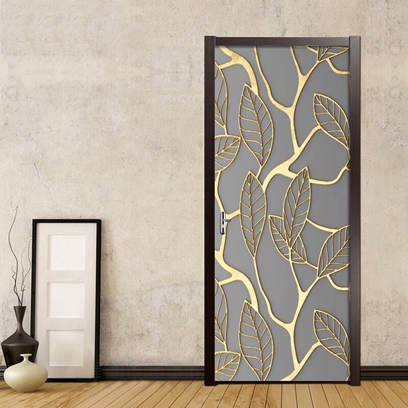 Adhesivo 3D de hojas doradas para puerta, pegatina de decoración para el hogar, papel tapiz autoadhesivo impermeable, Mural para renovación de Puerta del dormitorio