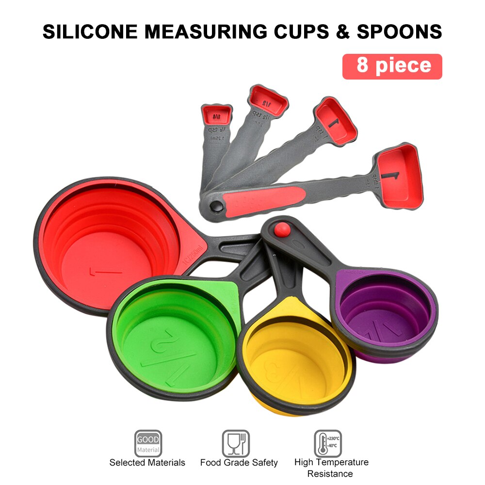 Measuring Cups Spoons Collapsible Silicone Measuring Cups Set 8 piece Measuring Tool Engraved Markings for Liquid Dry Measuring
