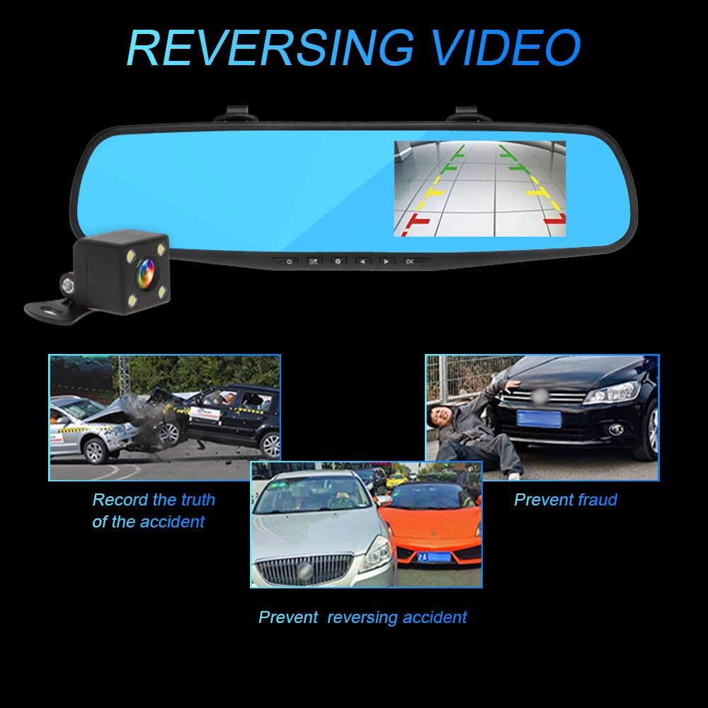 4.3” HD 1080P Dual Lens Car DVR Rear View Mirror 3IN1 Recorder Camera