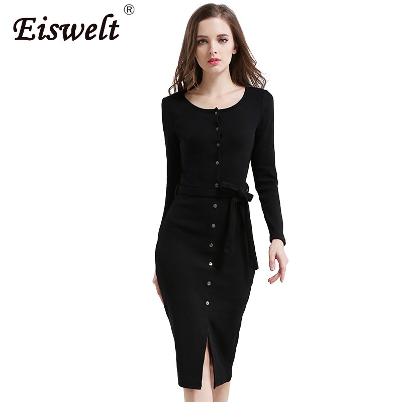 EISWELT Gebreide Vintage Jurk vrouwen Herfst en Winter Bodycon Vestidos Lange Mouwen Fitness Jurken: Zwart / M