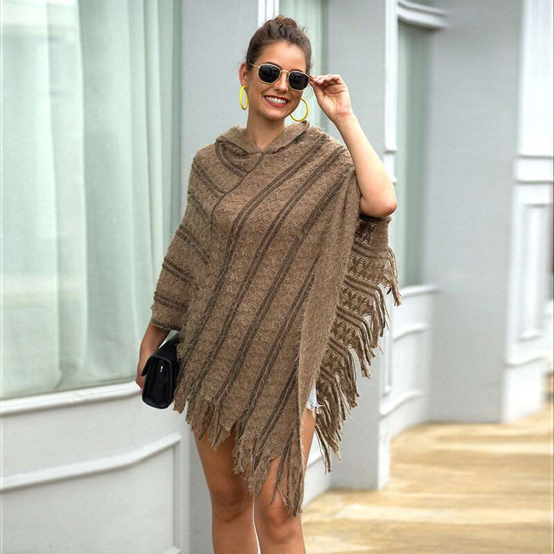 Otoño , manto con capucha para mujer, manto con flecos a rayas, suéter para mujer, Ponchos y capas casuales, ropa de invierno, prendas de vestir para mujer