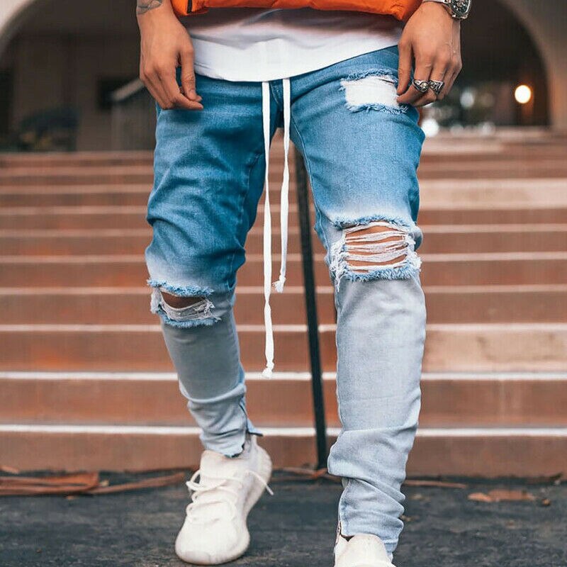 Vicabo herrebukser stretch lange jeans plus størrelse 3xl sorte herre gradient bukser med revet hul herre blå denimbukser