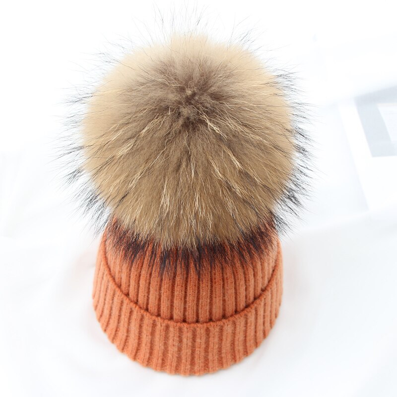 Vinter brand kvindelig pels pom poms hat vinter hat til kvinder piger hat strikkede beanies cap hat tyk kvinder uld skullies beanies: Orange