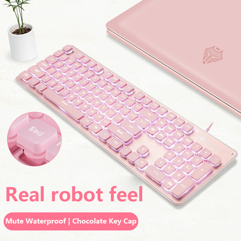 RGB Game Keyboard With Mouse Set Pink Mute Silent Film Cute Backlit Office Game Peripherals Suitable For Laptop