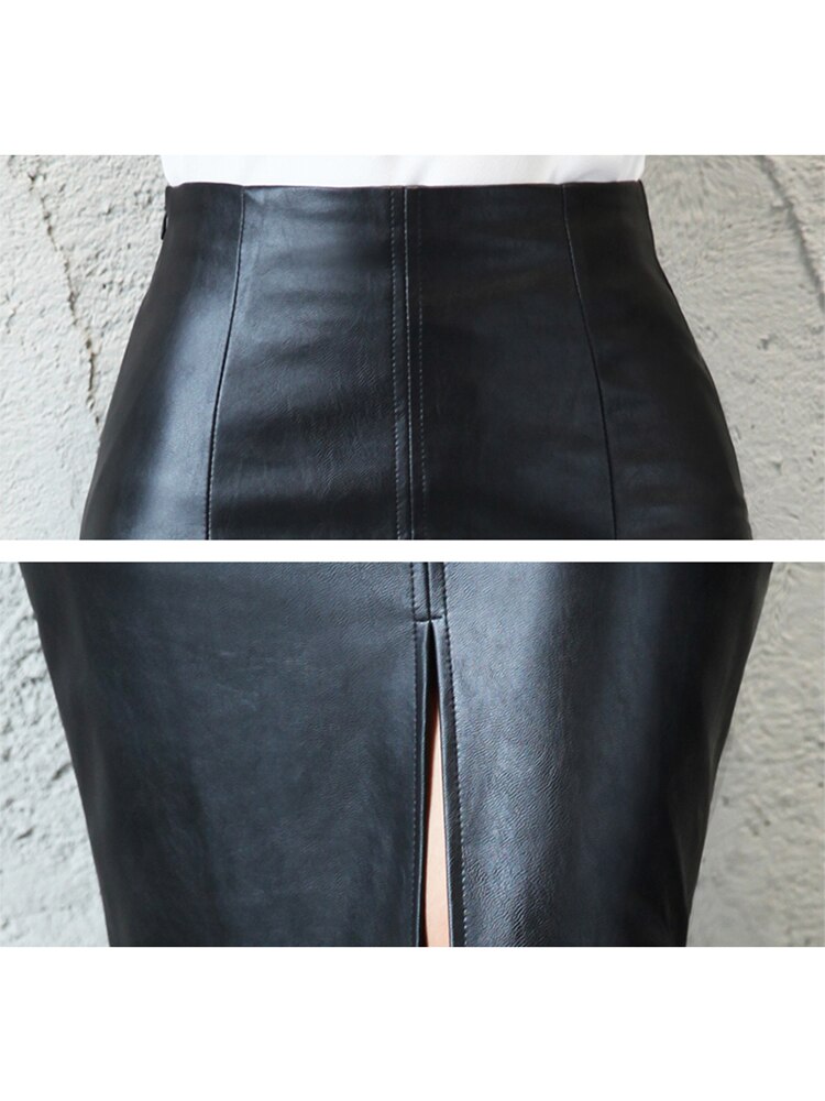 Saia midi de couro feminina, saia tipo lápis com fenda frontal ou traseira, para outono e inverno 2019