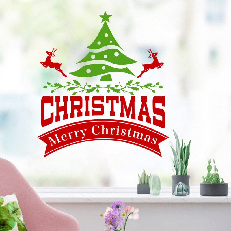 Merry christmas tree wallsticker jul elgfestival dekorasjon stue boliginnredning vindusglassdør år klistremerker