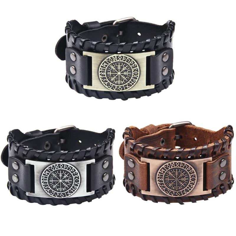 Runas nórdicas Vegvisir brújula pulsera vikinga pulseras nórdicas brújula brazalete de cuero ancho pulsera nórdica hombre joyería