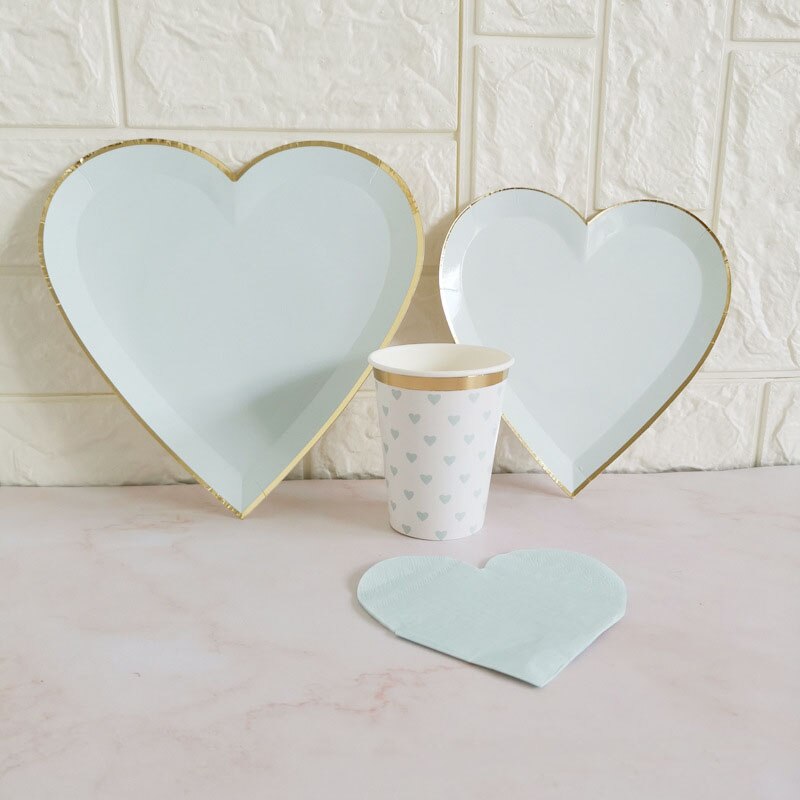 Bruiloftsdecoratie, feestbenodigdheden, wegwerpservies, verjaardagsfeestdecoratie, blauwe hartvormige papieren borden, papieren bekertjes: Vierdelige set