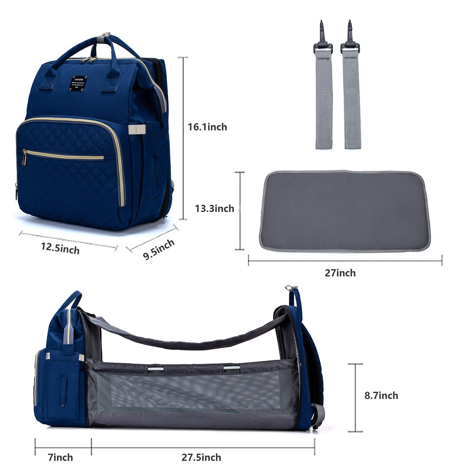 3 in 1 Windel Rucksack mit Ändern Bahnhof Stubenwagen Kinderwagen Riemen Thermische Taschen Tragbare Baby Tasche mit USB Ladung Hafen: Tiefe Blau