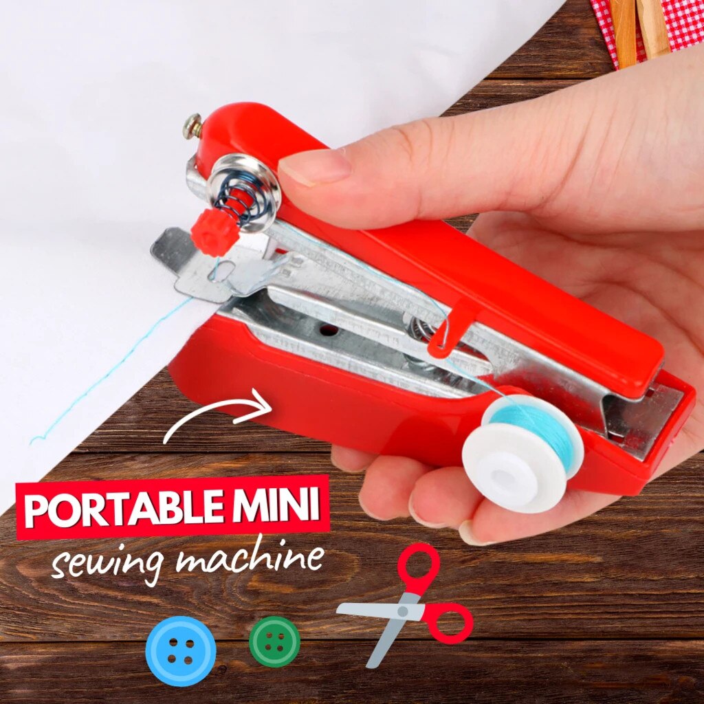 1Pc Red Mini Sewing Machines Needlework Cordless Hand-Held Clothes Useful Portable Sewing Machines Handwork Tools Accessories