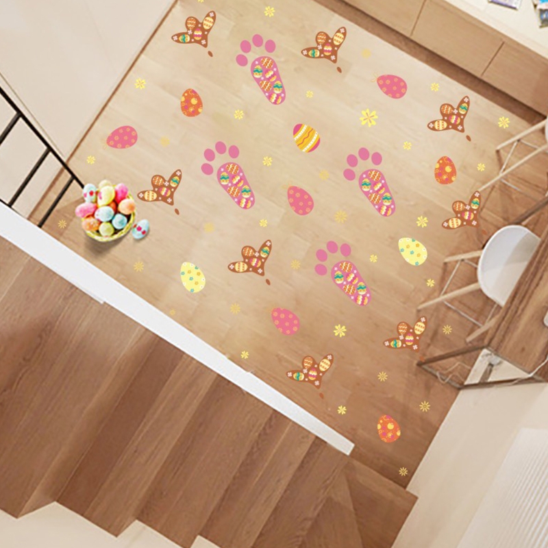 Easter Stickers Cartoon Bunny Egg Footprint Decal Window Glass Wallpaper for Home Bedroom Living Room Door Wall Decoration GXMA