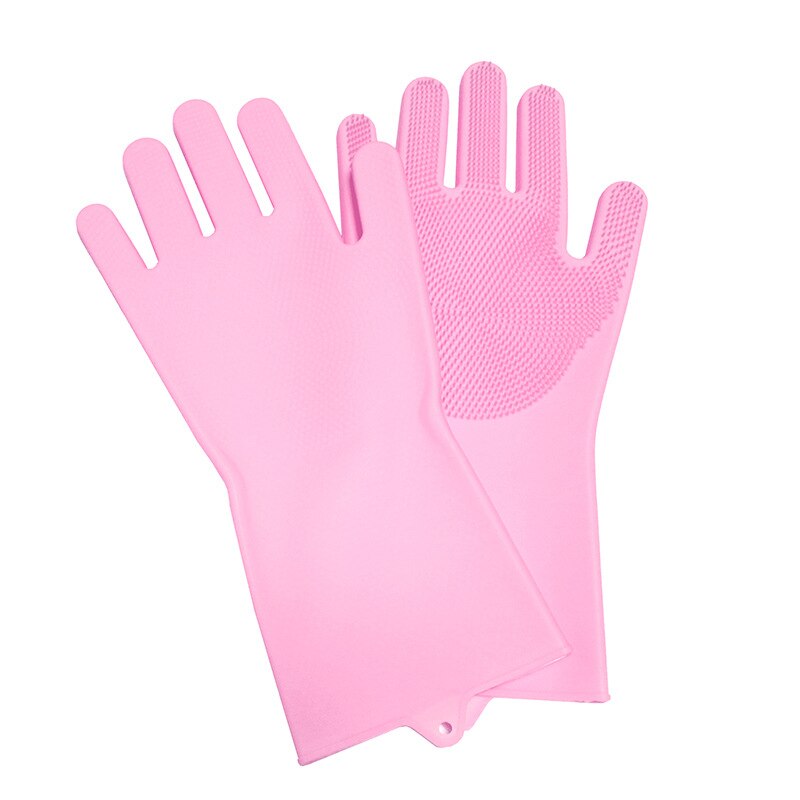 Silikonegummi opvaskehandsker scrubber rengøringsbørste til køkken temperaturbestandige handsker 3 par: Lyserød
