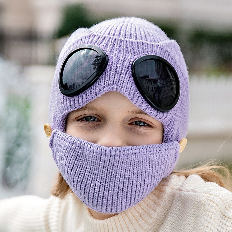 Art 2 in 1 Rippen betroffen Mütze Hütte Mund Maske einstellen Winter Warme Winddicht Schnee Gefesselt Earflap Kappe mit Brille brille: Violett
