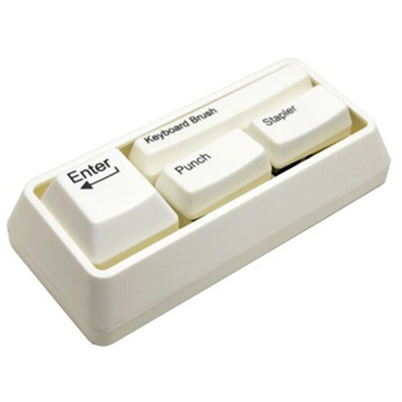 Novedoso conjunto de teclado estacionario como suministros de oficina estacionarios, grapadora/perforadora/cepillo de teclado/adsorción de Clip: White