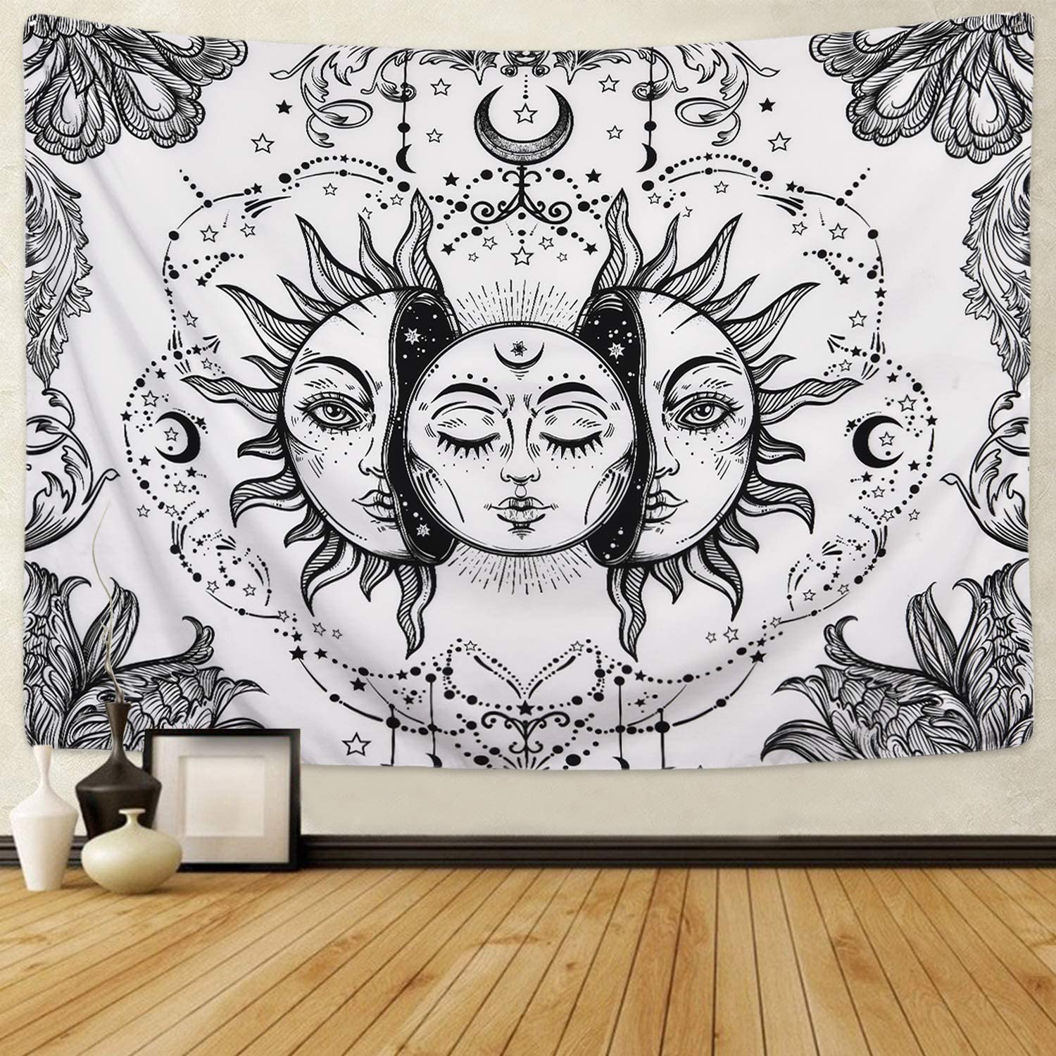 LUCKYYJ Sun and Moon Tapestry Black and White Tapestry Psychedelic Fractal Faces Tapestry Wall Hanging for Home Decoration