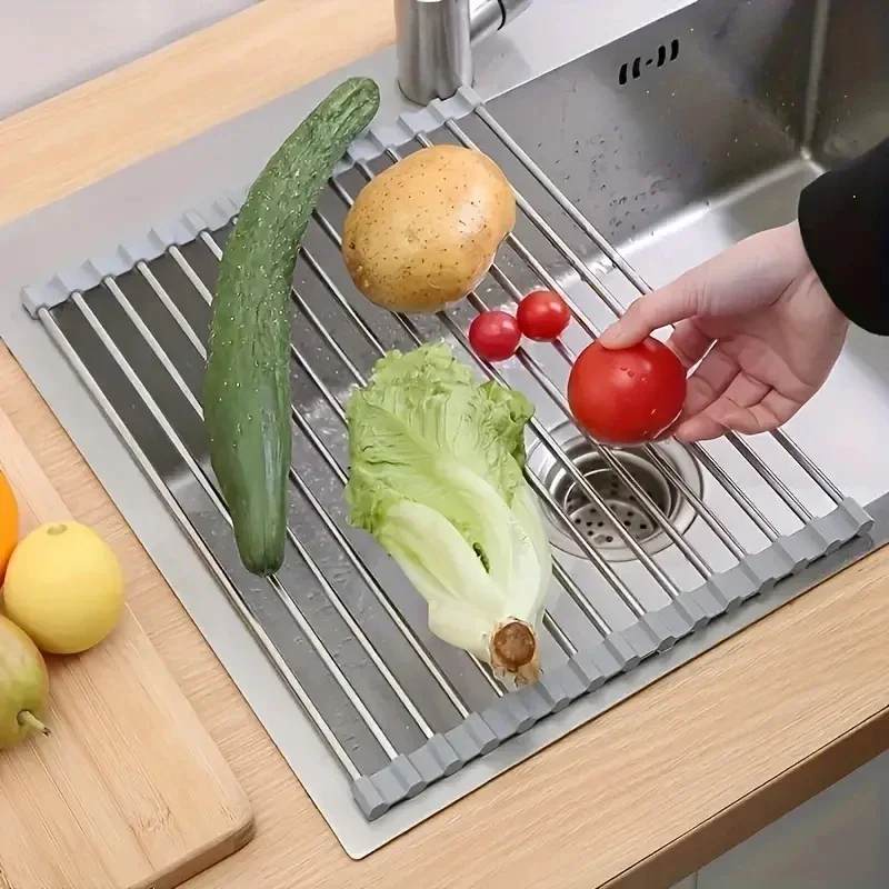 Évier de cuisine, étagère de séchage de la vaisselle, égouttoir à légumes enroulable en acier inoxydable, antirouille, facile à nettoyer, accessoire de cuisine
