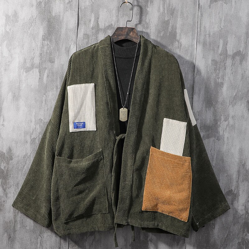 Kimono de Style japonais pour homme, manteau en velours, rétro, Harajuku, chemise femme, Streetwear, Cardigan samouraï asiatique Haori: Green / L